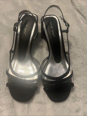 David Tate Black Strappy Slingback Heels with Silver Insole